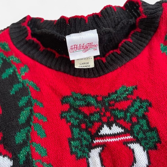 Vintage Holiday Time Acrylic Knit Red Black White Festive Christmas Sweater L - Picture 2 of 6